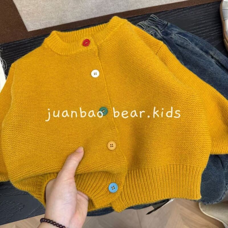 Japanese-Style Boys' and Girls' Sweater Cardigan, Pumpkin-Colored Knit Jacket, Children's Autumn Round-Neck Solid Color Stylish Jacket