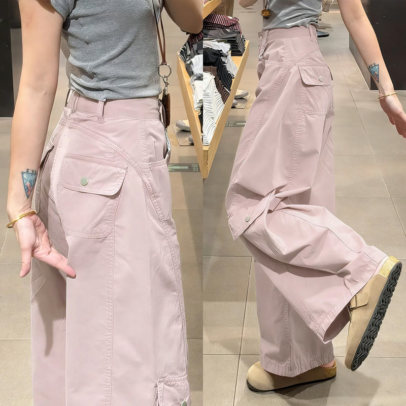 American-Style Pink Cargo Pants for Women, New Autumn High-Waisted Slim-Fit Petite Multi-Pocket Sports Pants, Wide-Leg Pants American-Style Pink Cargo Pants for Women, New Autumn High-Waisted Slim-Fit Petite Multi-Pocket Sports Pants, Wide-Leg Pants