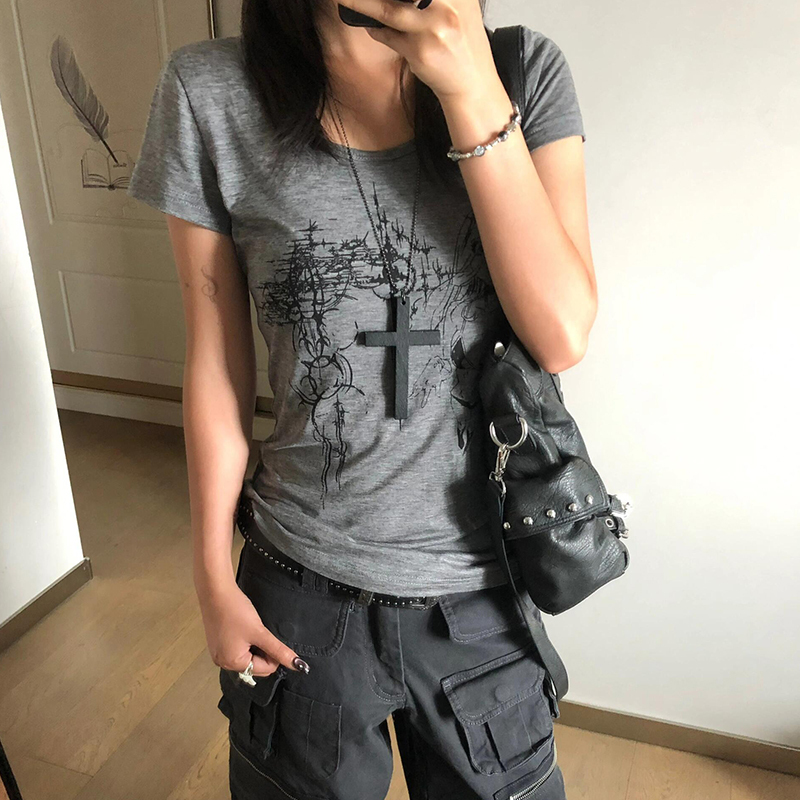 Y2K Subculture Short-Sleeved Women's Summer New Printed Slim-Fit Short Top with Large Neckline T-Shirt Vintage Light Y2K Top