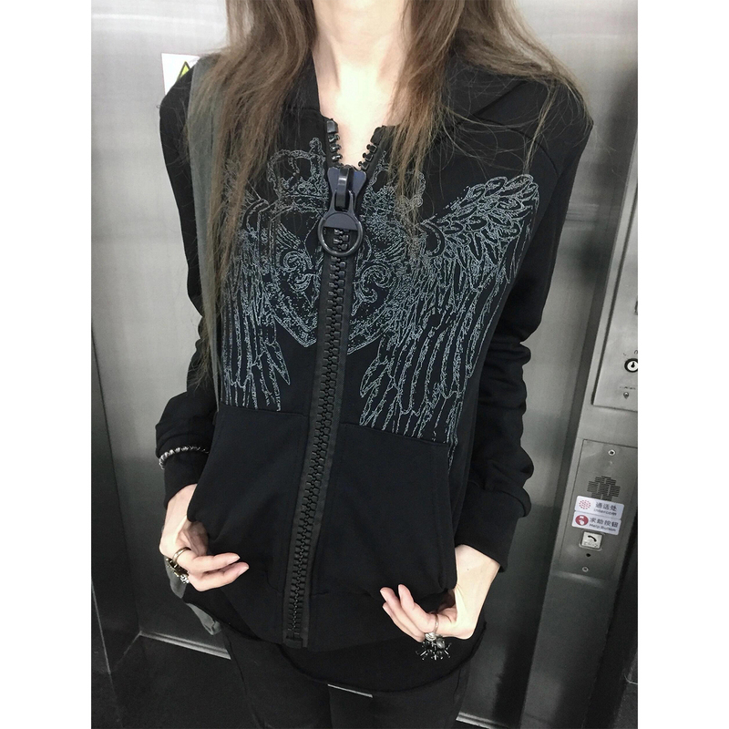 Y2K Subculture Slim-Fit Hooded Sweatshirt for Women, Early Autumn New Style, Wing Print, Large Zipper Jacket, Regular Shoulder Top