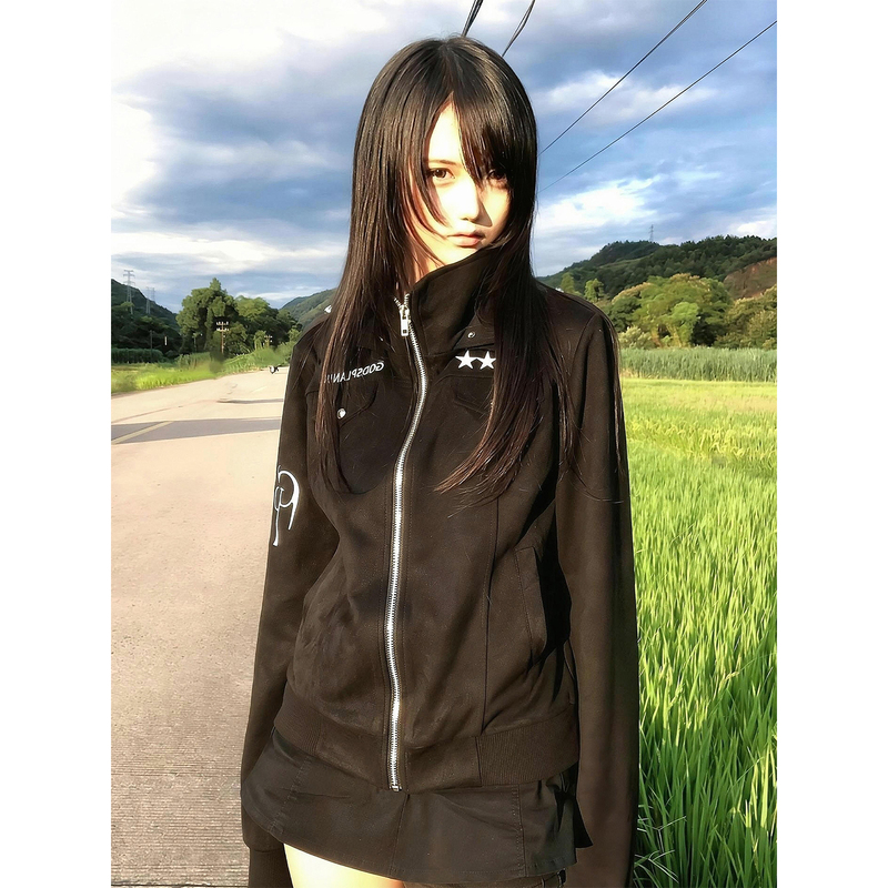 Subculture Style Genuine Suede Jacket for Women, Autumn and Winter New Floral Embroidery Stand Collar Slim Short Top Light Subculture Style