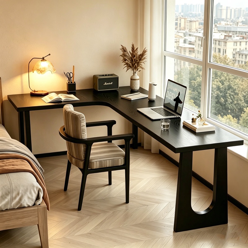 Black Solid Wood Corner Desk with Irregular Legs for Home Bedroom Office Computer Desk Study Writing Workbench Wabi-Sabi Style Black Solid Wood Corner Desk with Irregular Legs for Home Bedroom Office Computer Desk Study Writing Workbench Wabi-Sabi Style
