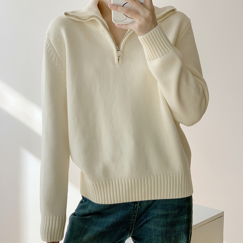 100% Pure Cotton Non-Pilling Sweater for Women, Autumn and Winter Thickened Half-Zip Lapel Long-Sleeve Cotton Knit Top, All-Cotton Shirt