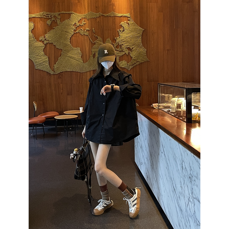 Jinyurs Dazzling C-Position French-Style Short-Sleeved Black Shirt, Lazy and Relaxed Casual Black Shirt, Korean Style ins Trend Jinyurs Dazzling C-Position French-Style Short-Sleeved Black Shirt, Lazy and Relaxed Casual Black Shirt, Korean Style ins Trend