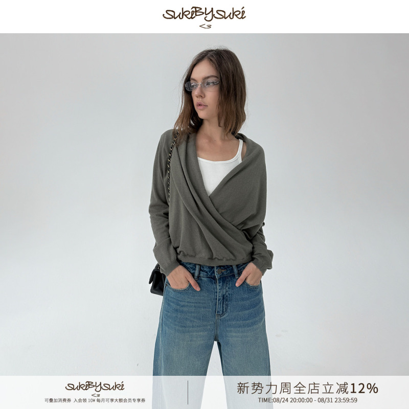 Sukibysuki Textured 100% Sheep Wool Cross-Chest Sweater with Diagonal Placket V-Neck Knit Top Blouse Sukibysuki Textured 100% Sheep Wool Cross-Chest Sweater with Diagonal Placket V-Neck Knit Top Blouse