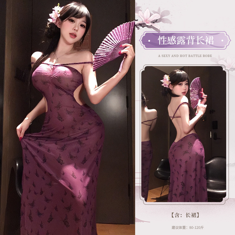 Lingerie Sexy Cheongsam Print Tube Top Soft Gauze Nightclub See-Through Stretch Tight Long Dress Nightgown