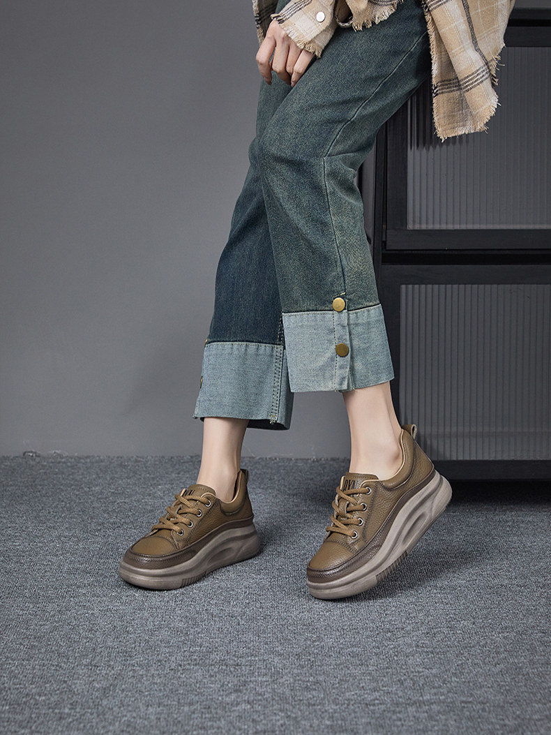 Rili Bird First-Layer Cowhide Casual Low-Top Shoes for Women 2026 Spring New Thick-Soled Retro Genuine Leather Single Shoes Dirty Shoes