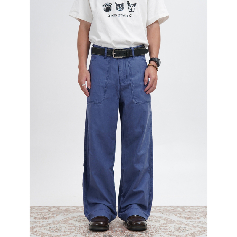 American Retro Street Style Blue Distressed Vintage Work Pants Men's Straight-Leg Washed Wide-Leg Trousers