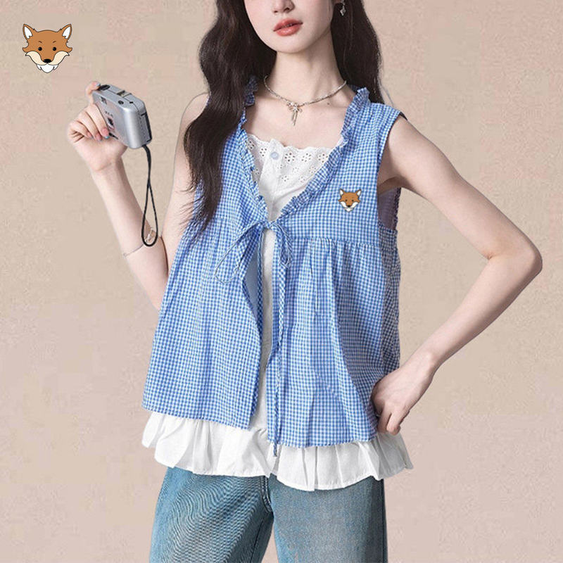 British April Fox Little Fox French-Style Faux Two-Piece Lace Plaid Sleeveless Shirt for Women Summer Casual Top