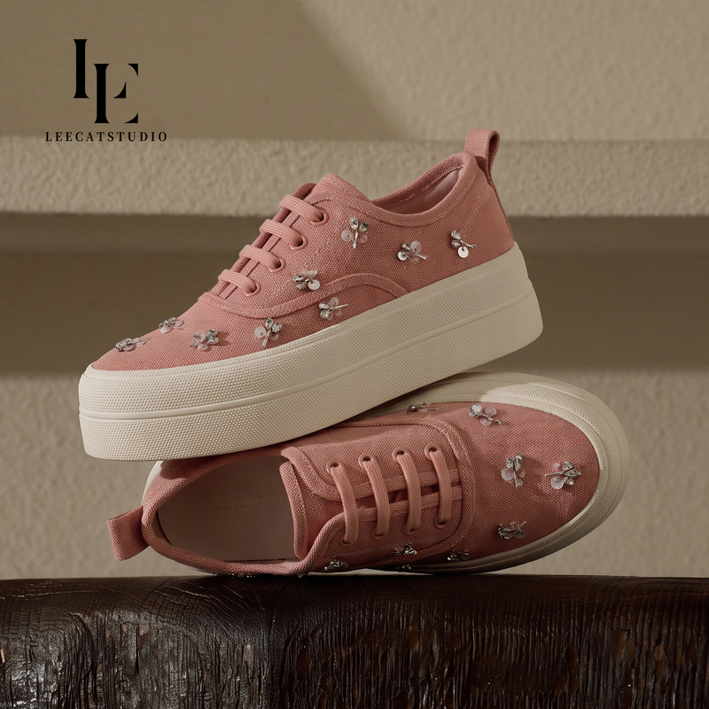 Pink Thick-Soled Casual Shoes for Women 2026 Autumn New Style Rhinestone Height-Increasing Lightweight Non-Slip Breathable Fashionable Canvas Sneakers