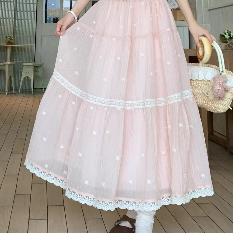 Sweet Style Pink Bow Mesh Skirt for Women with Lace Trim 2026 Summer Slimming A-Line Long Skirt Fairy Skirt