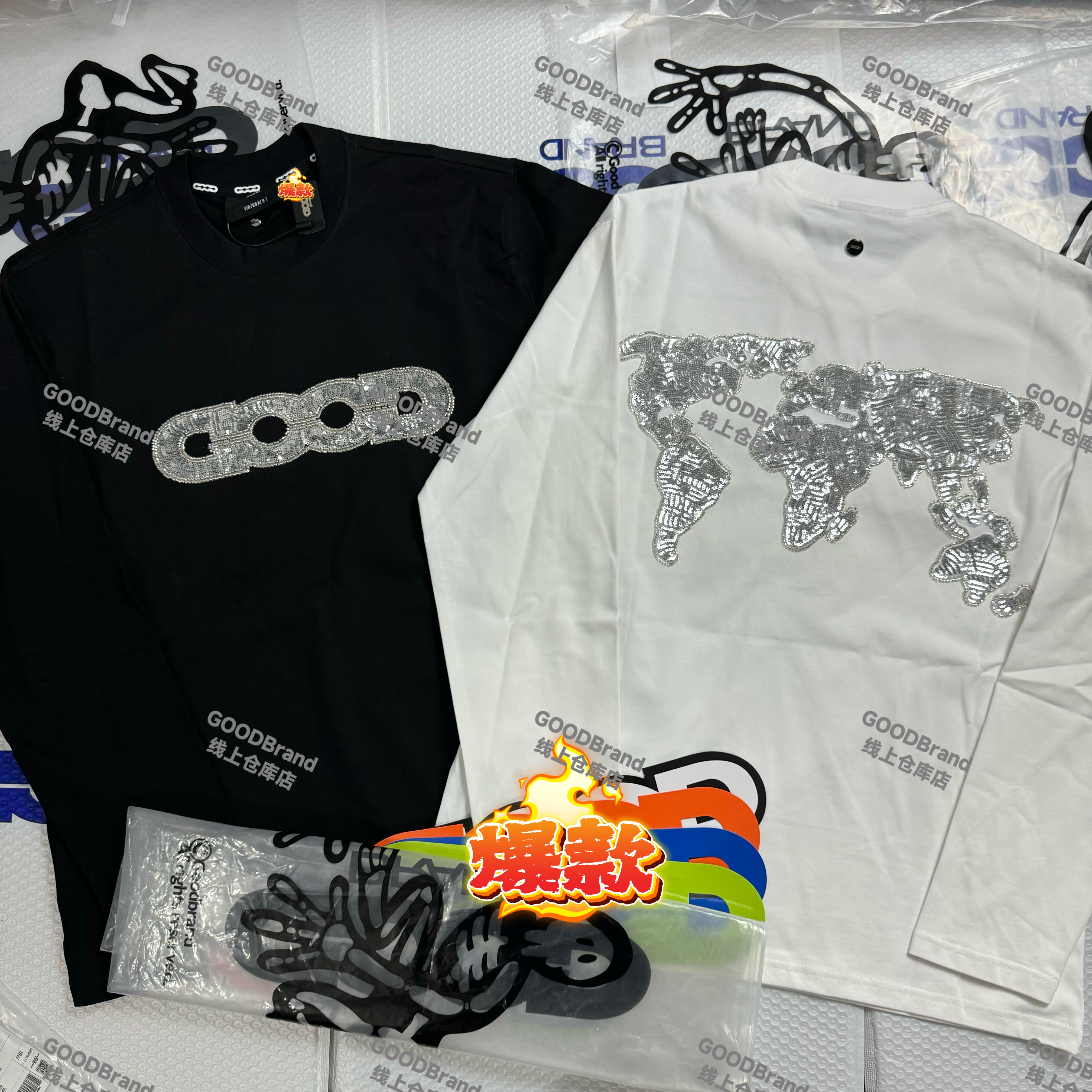 Goodbrand เสื้อยืดแขนยาวปักเลื่อมลายแผนที่ สไตล์จีน หรูหราเบาๆ ลำลอง ระดับไฮเอนด์ เสื้อตัวในแขนยาวยอดนิยมสำหรับคู่รัก