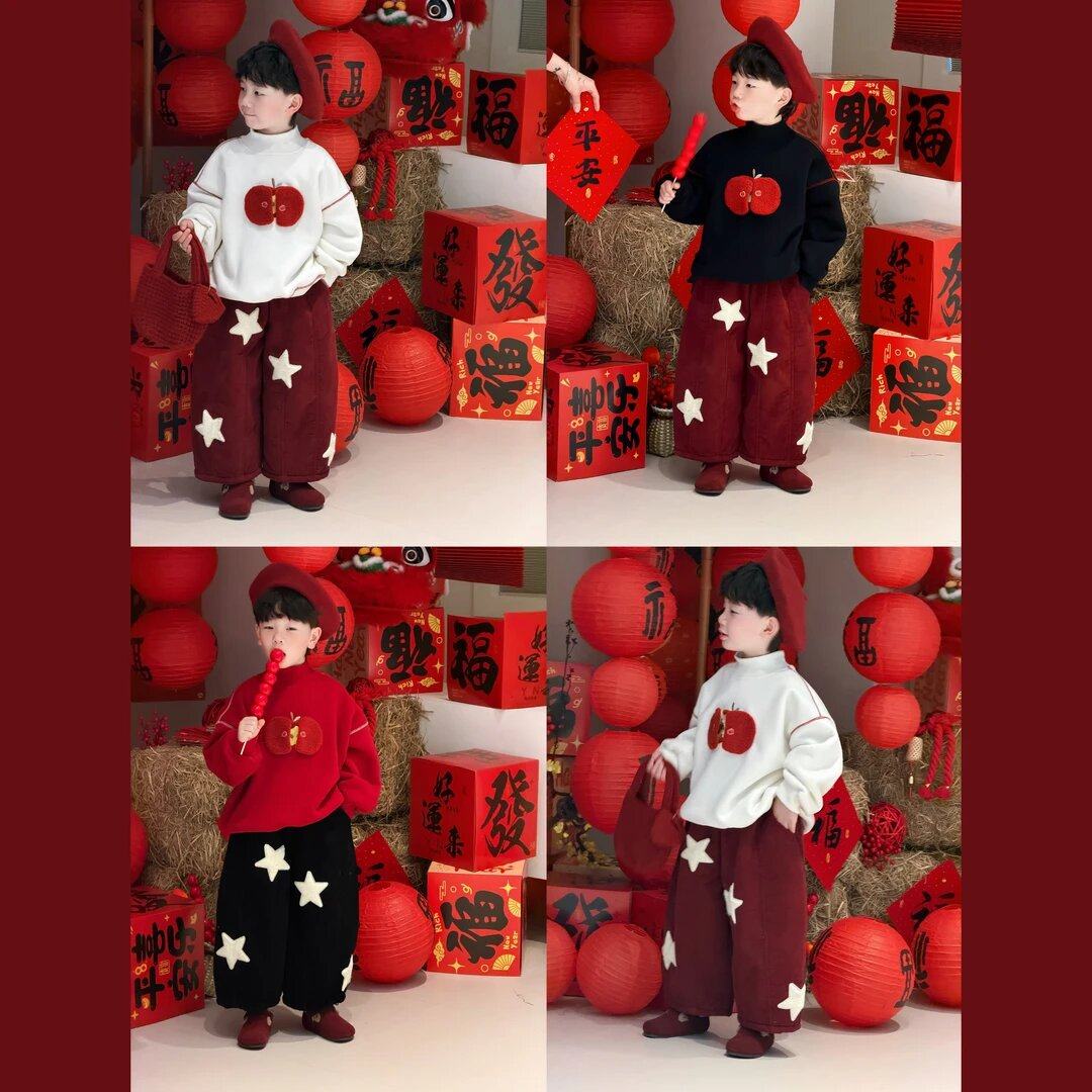 Костюмы для мальчиков, зимняя одежда, новинка 2025 года, осенне-зимняя одежда в западном стиле, бархатные штаны морковного цвета, детские свитера, новогодняя одежда