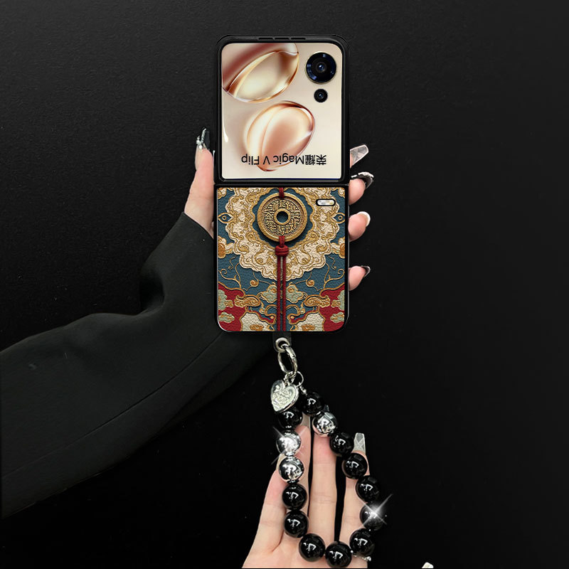 Suitable for Honor Magicvflip Phone Case Protective Cover with Lucky Coin Design, Full Coverage, Fashionable and Creative Women's Bracelet Style, Personalized Lambskin Foldable Retro-Style Shell, Foldable Screen, Anti-Drop, New Model