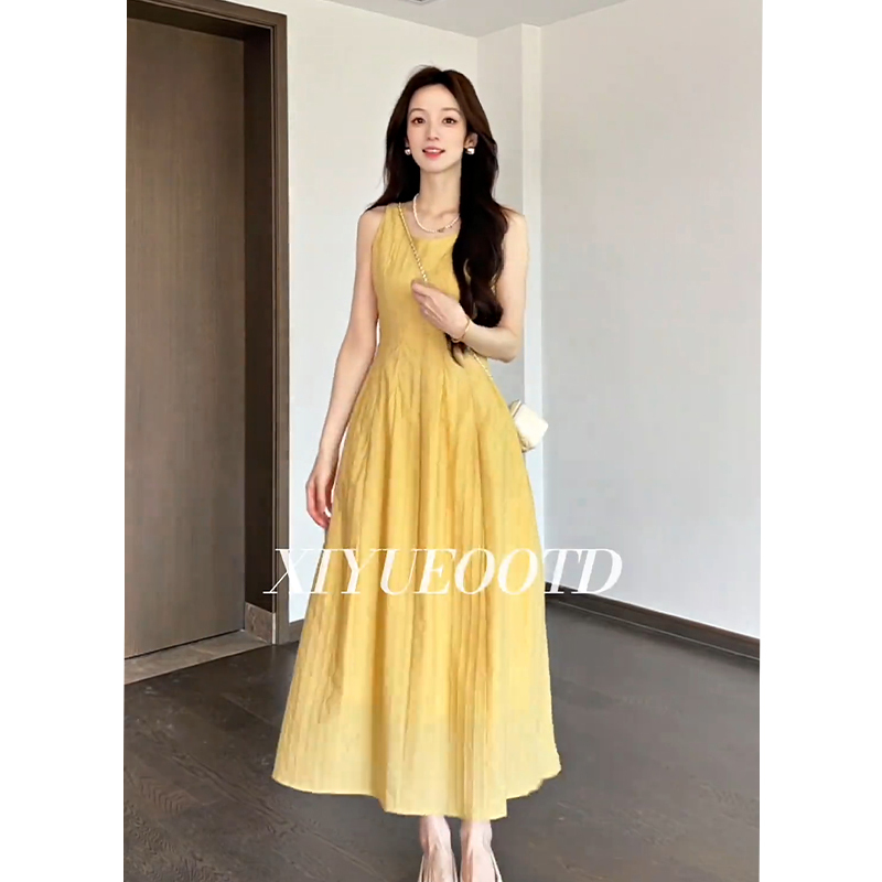 Simple Style Solid Color Jacquard Texture French-Style Elegant Waist-Cinching Slimming Long Sleeveless Dress Women's Tank Dress