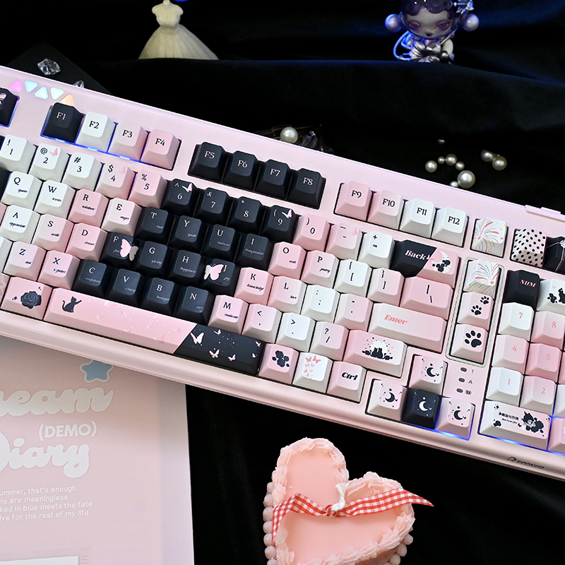 Black Cat and Rose Original Pink Gradient Cute High-Value Girl Personality Creative Keyboard Keycap Woothing