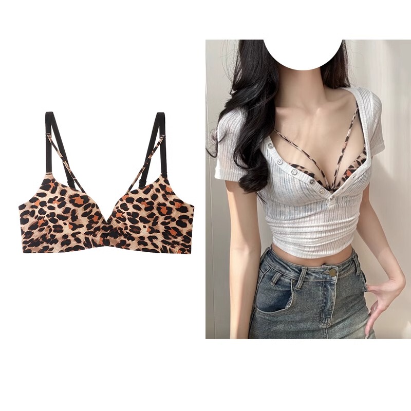 Spicy Leopard Print Lingerie for Outerwear, Small Bust Push-Up, Beautiful Bust, Cross-Tie Straps, Camisole for Layering, Sexy Bra