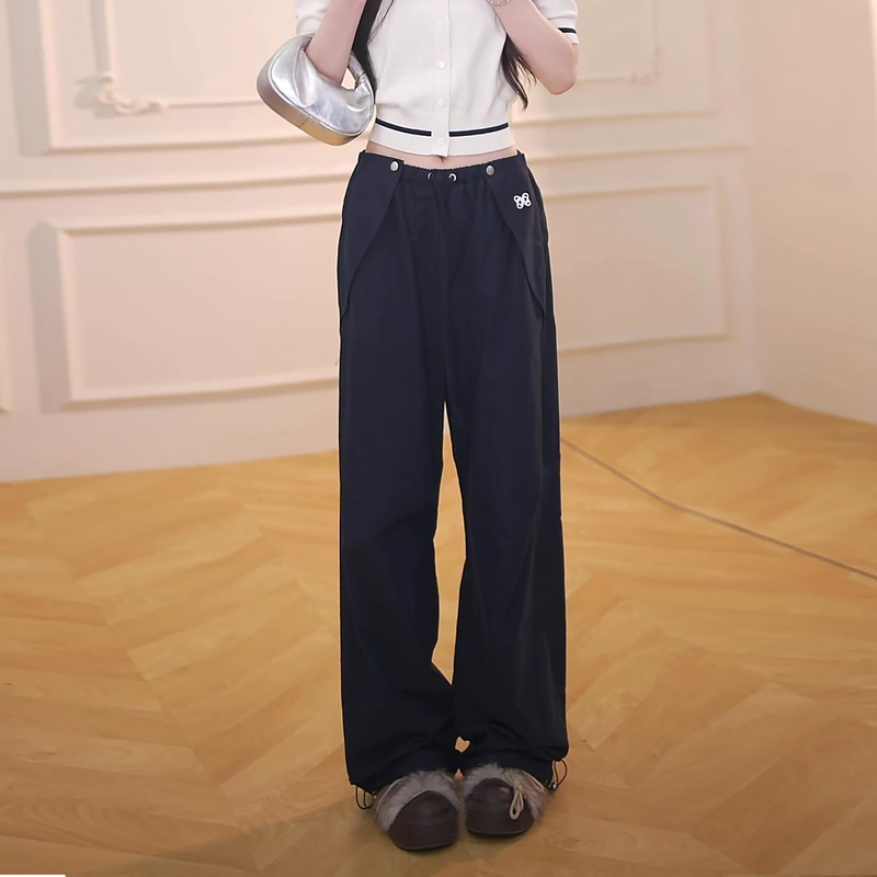 Dark Blue Drawstring Wide-Leg Pants for Women, Summer Thin Style, 2026 New Model, Plus Size, High-Waisted, Loose, Slimming, Floor-Length Pants