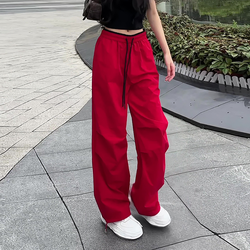 Cool and Stylish Red Quick-Drying Cargo Pants for Women, Summer Thin Style 2026 New Model, Plus Size, High-Waisted, Loose-Fitting Sports Pants