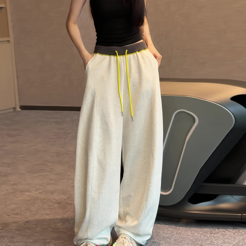Light Gray Curved Hem Sports Pants for Women, Summer Thin Style, 2026 New Model, Plus Size, High Waist, Loose Casual Wide-Leg Pants