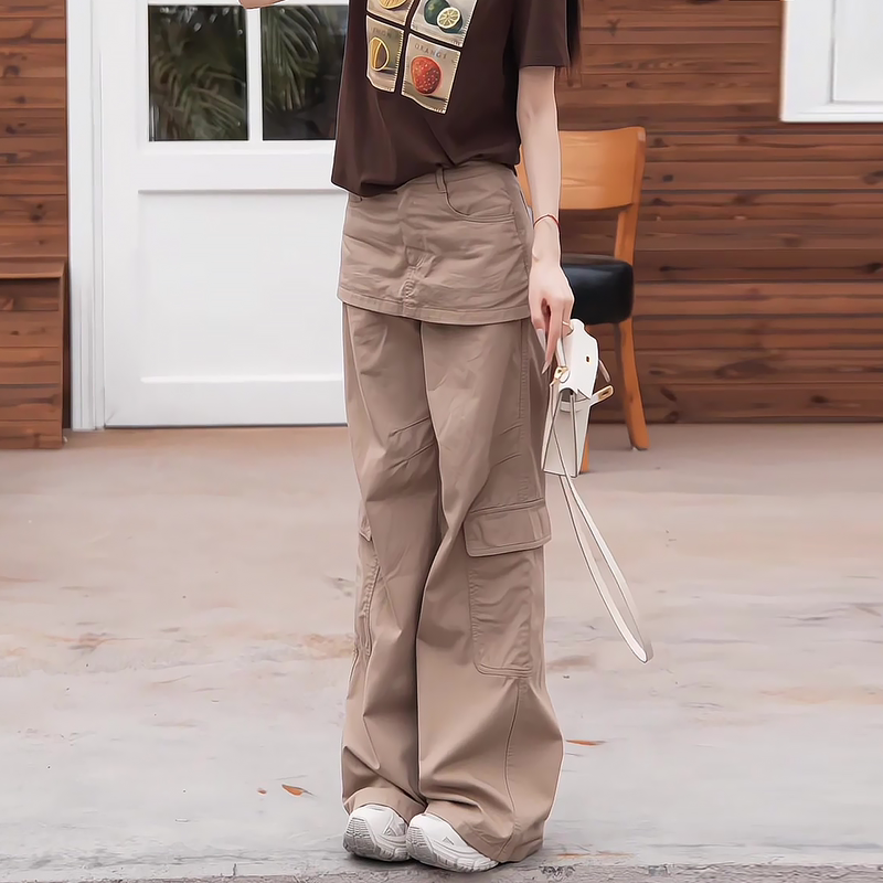 Khaki Color Faux Two-Piece Wide-Leg Pants for Women, Summer Thin Style, 2026 New Model, Plus Size, Multi-Pocket Cargo Pants