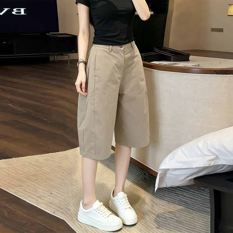 Khaki Workwear Wide-Leg Shorts for Women, Summer Thin Style, 2026 New Model, Plus Size, High-Waisted, Loose Fit, Slimming, Cropped Pants