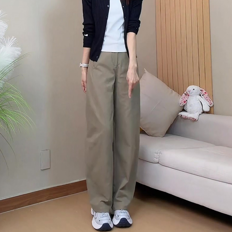 Korean Chic Khaki Wide-Leg Pants for Women, Autumn 2026 New Style, Plus Size, High-Waisted, Loose, Slimming Casual Pants