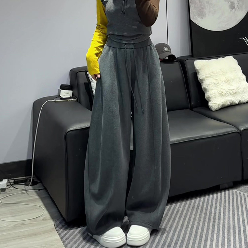 American-Style Gray Casual Sweatpants for Women, Autumn 2026 New Model, Plus Size, High-Waisted, Loose Straight-Leg Wide-Leg Sweatpants