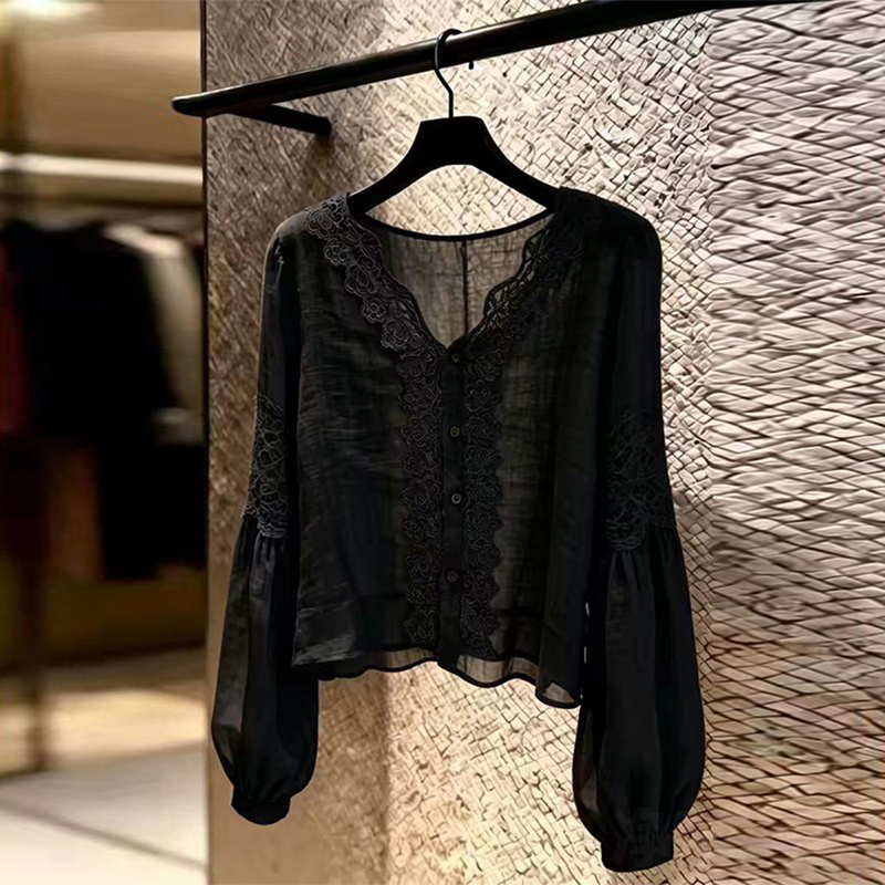 Black Lace Patchwork Lantern Sleeve Cardigan for Women, Summer Thin Style, 2026 New Model, Plus Size, Stylish Design, Sun Protection Top
