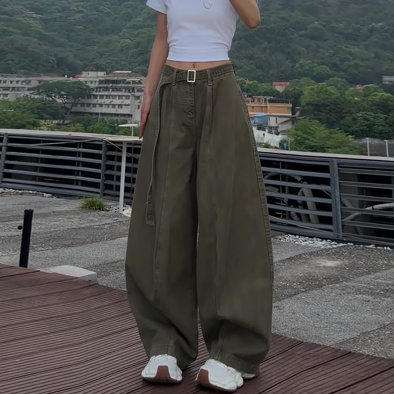 American-Style Military Green Wide-Leg Pants for Women, Summer Thin Version, 2026 New Model, Plus Size, High-Waisted, Loose, Slimming Scimitar Pants