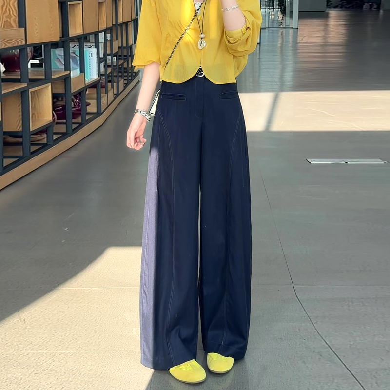 Navy Blue Tencel Linen Wide-Leg Pants for Women, Summer Thin Style, 2026 New Model, Plus Size, High-Waisted, Slimming, Relaxed Fit Pants