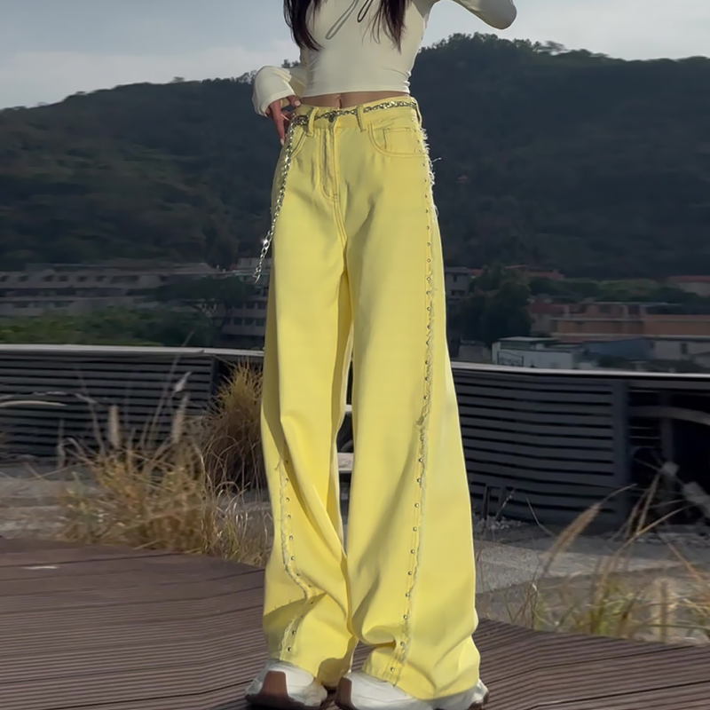 American-Style Studded Yellow Jeans for Women, Spring 2026 New Model, Plus Size, High-Waisted, Loose Straight-Leg Wide-Leg Pants