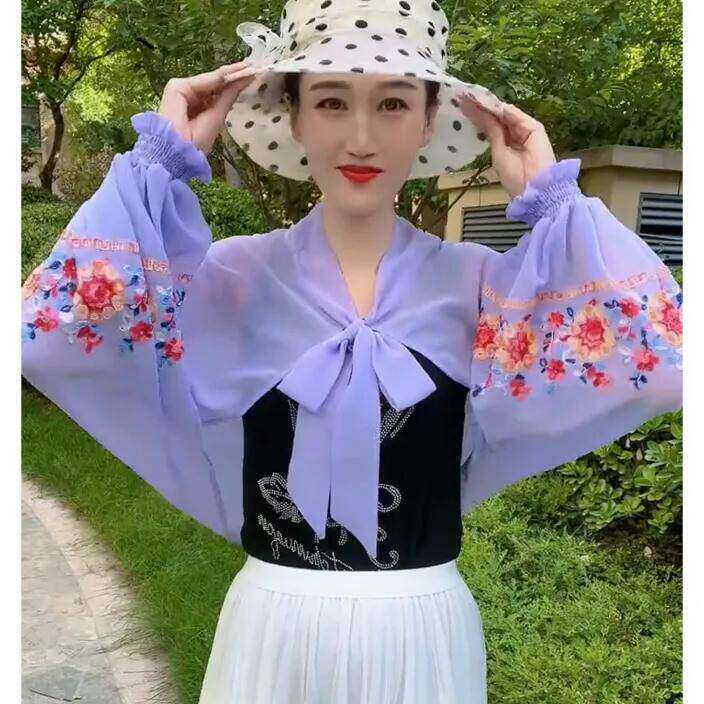 2026年新作刺繍入りショール、スタイリッシュなサマースタイル、ドライブ、冷房の効いた部屋、アウターウェアに最適、アイスシルクシフォン長袖日焼け防止ショール