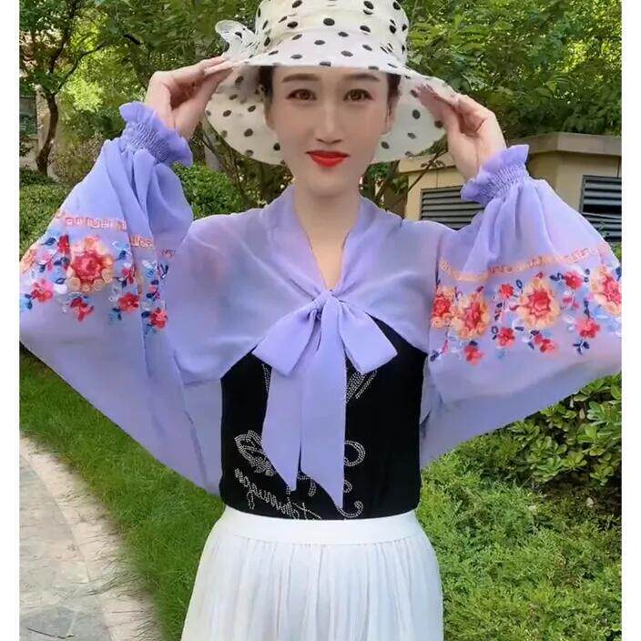 2026 New Embroidered Shawl, Stylish for Summer, Suitable for Driving, Air-Conditioned Rooms, Ice Silk Chiffon Long-Sleeved Sun Protection Shawl