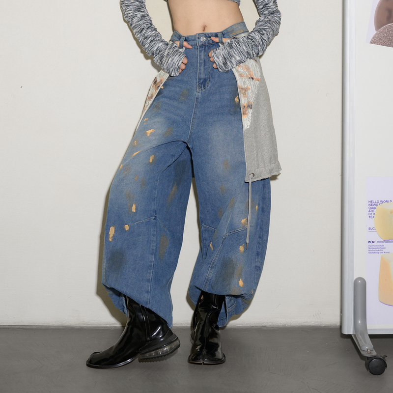 [Same Style as Li Xueqin] Ink-Splattered Graffiti American Retro Dirty Pants with a Unique Design, Patchwork Loose Wide-Leg Jeans
