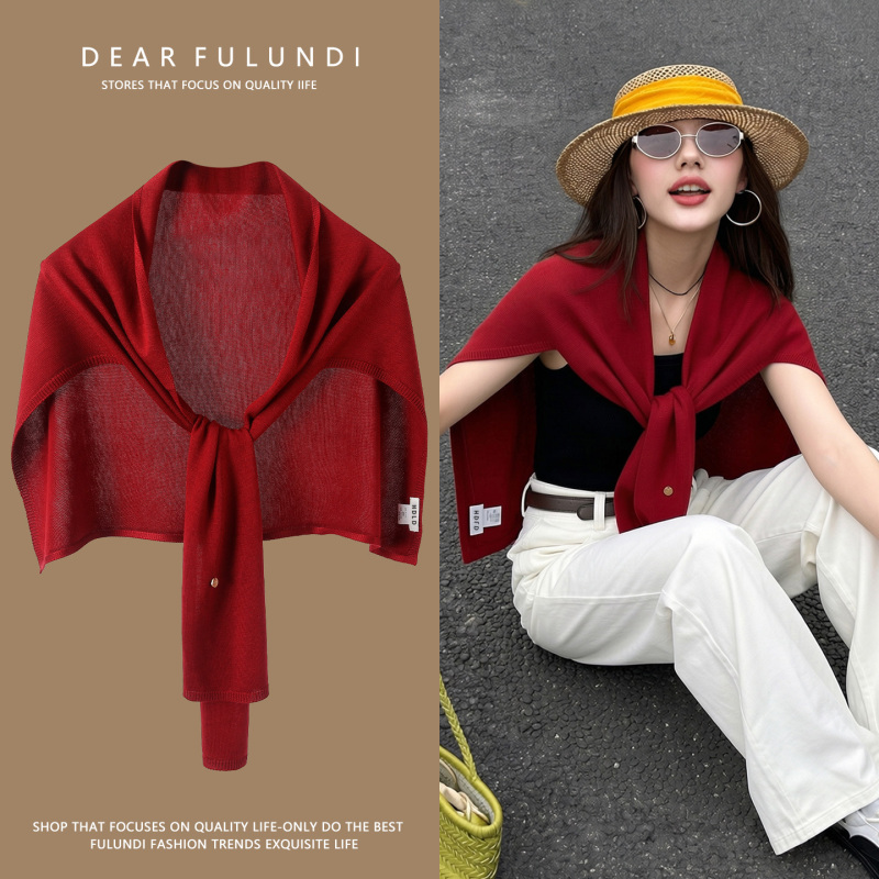 Red Oversized Thin Knitted Shawl for Women, Versatile Summer Air-Conditioning Shirt, T-Shaped Neck Protector, Knotted Sun Protection Scarf