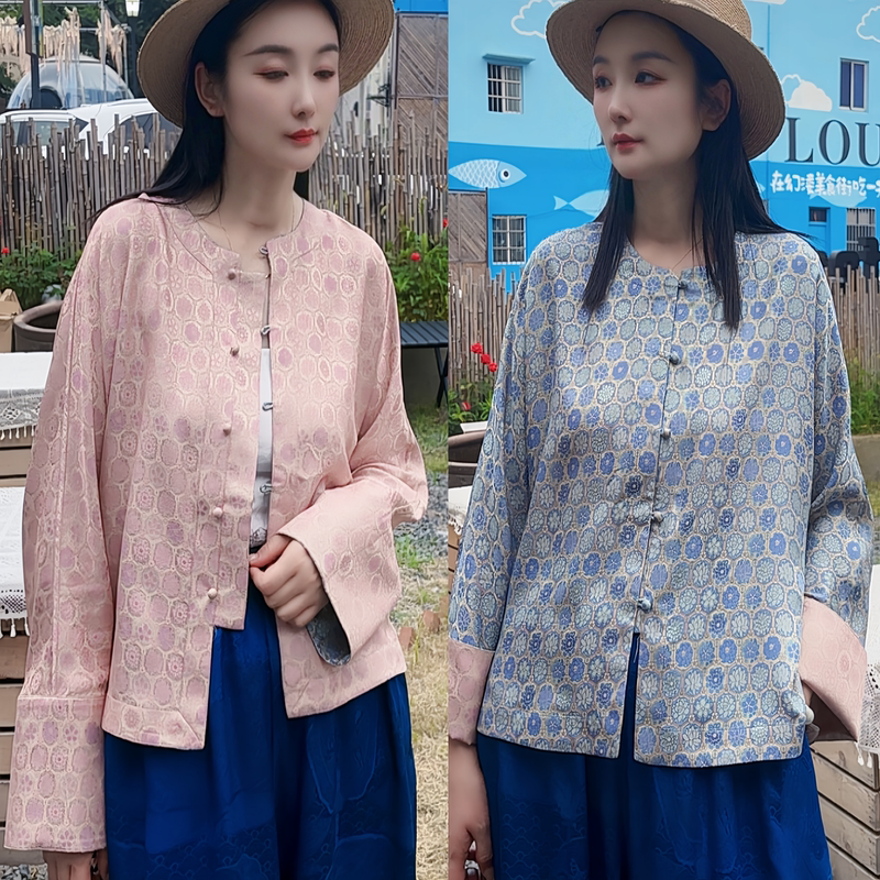 Wanshili Hangjin Two-Tone Reversible Mulberry Silk New Chinese Style Women's Long-Sleeve Round-Neck Loose Silk Top for Commuting Wanshili Hangjin Two-Tone Reversible Mulberry Silk New Chinese Style Women's Long-Sleeve Round-Neck Loose Silk Top for Commuting