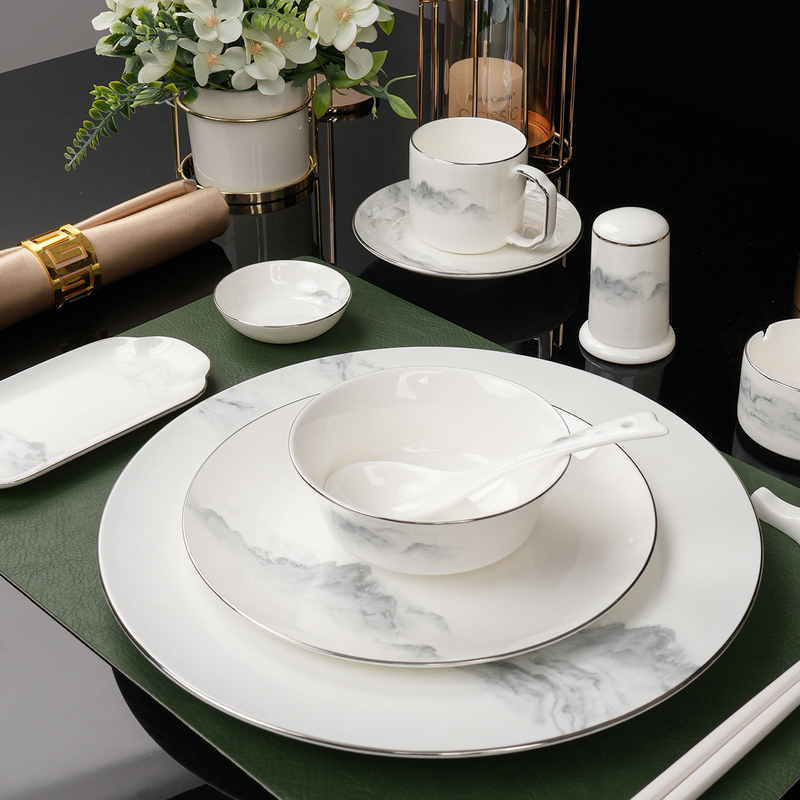High-End Hotel Tableware Set, Exclusive for Club Restaurants, Bone China Bowls, Plates, and Spoons, Commercial Underglaze Color, Light Luxury with Silver Rim