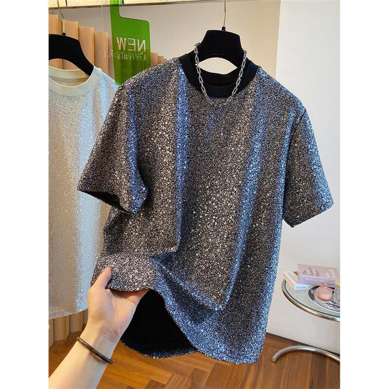 Shiny Short-Sleeved Loose European-Style Sequin and Glitter T-Shirt, Unisex, Unique and Chic, High-End Design Top t Shiny Short-Sleeved Loose European-Style Sequin and Glitter T-Shirt, Unisex, Unique and Chic, High-End Design Top t