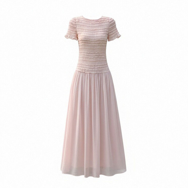 French-Style Gentle Pink Mesh Dress for Women, Summer Petite High-End Elegant Waist-Cinching A-Line Long Dress