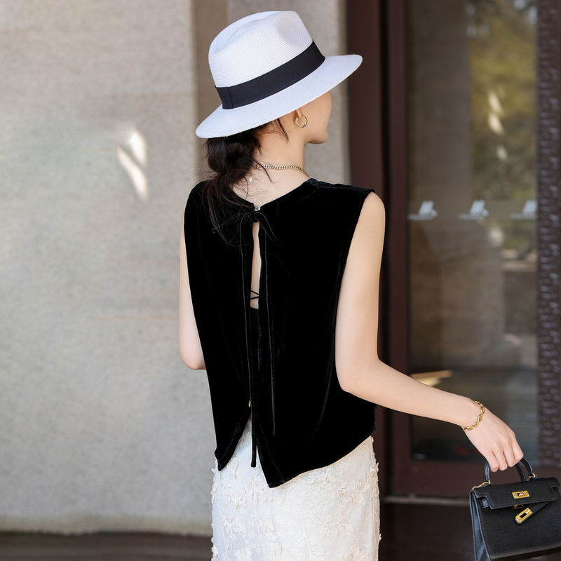 Silk Velvet Vest, Black Sleeveless Short Top with Cutout Back and Tie, Thin Vest to Wear over a Stunning Blouse