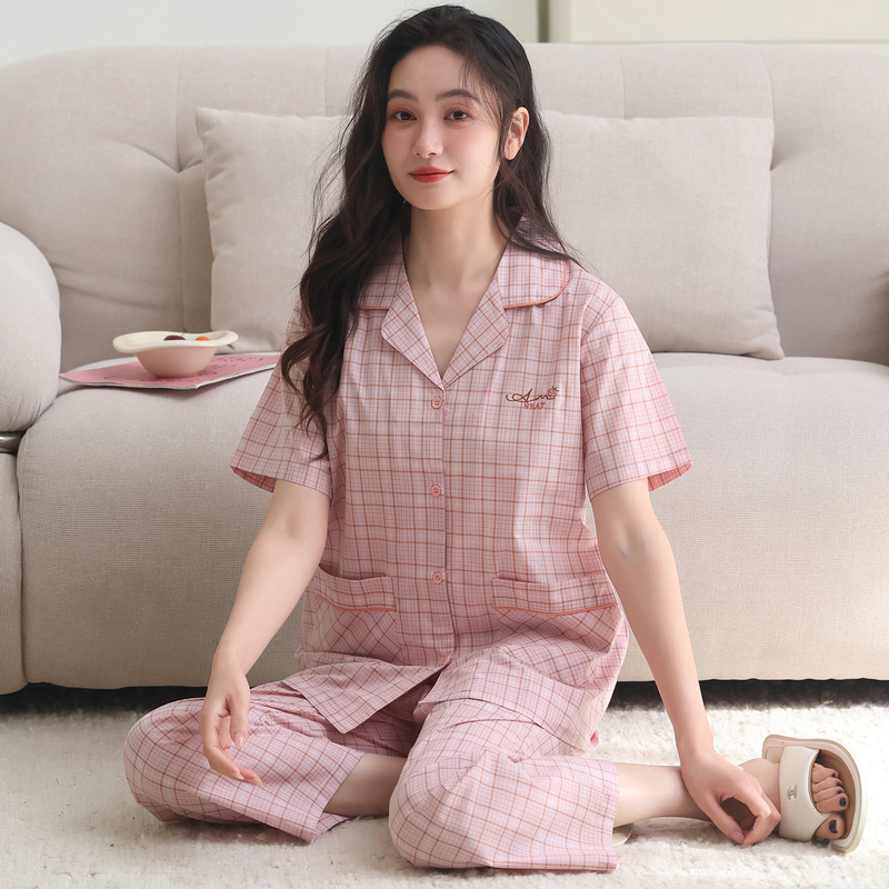 Woven Pure Cotton Pajamas for Women, Summer Thin Short-Sleeved Long Pants, Cotton Cardigan, Plaid Summer Home Wear Set