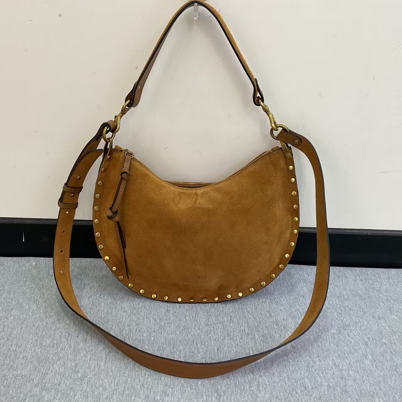 French Design, Simple and Versatile, Unique Rivet Decoration, Half-Moon Camel-Colored Faux Suede Shoulder Bag, Crossbody Bag for Women