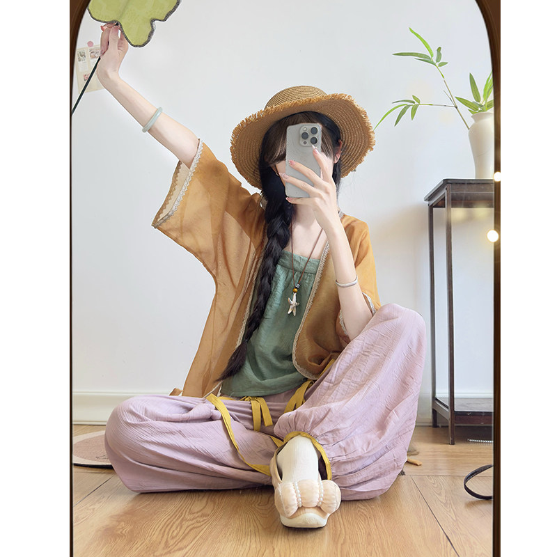 夏木ヘリオリジナル 夏用 中国風 漢要素を取り入れた宋代風ランタンパンツ 3点セット 通勤用
