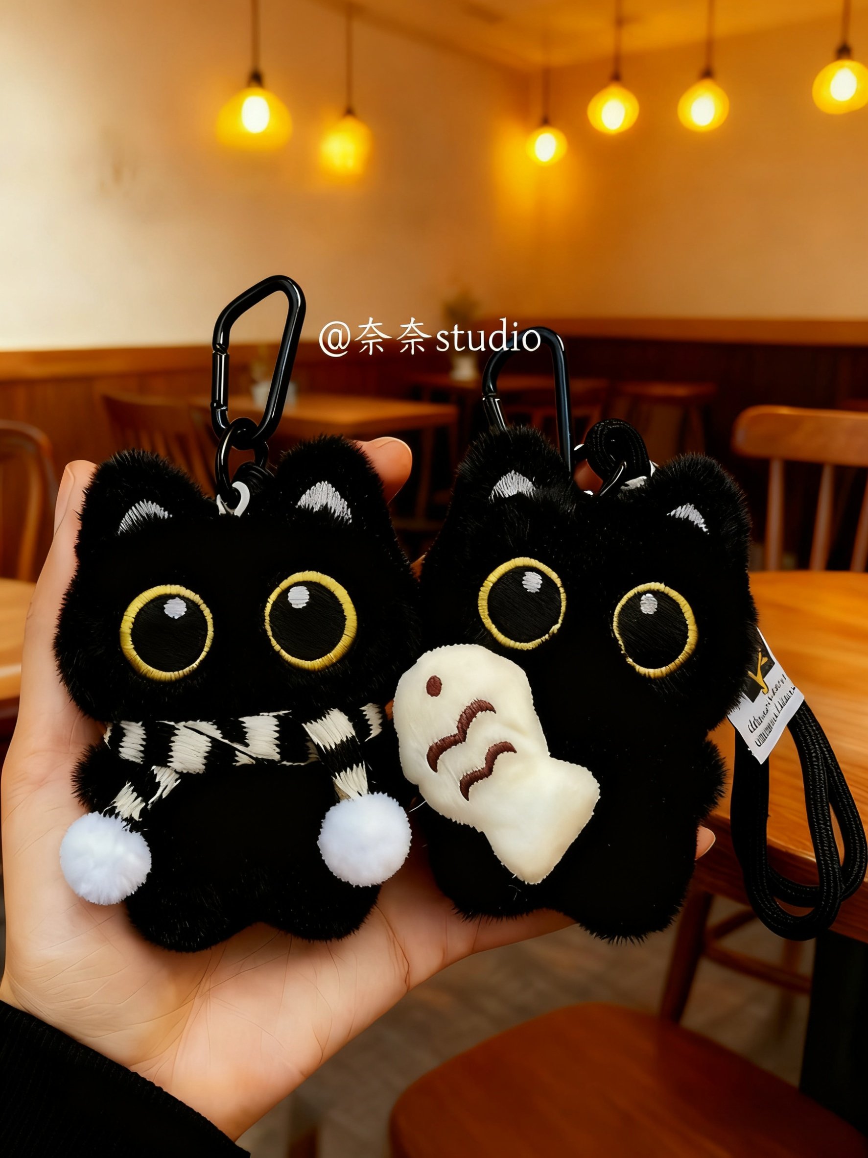 Cute and Adorable Plush Toy of a Big-Eyed Black Cat Holding a Small Fish, Couple Bag Pendant, Creative Apple-Shaped Little Black Cat Keychain