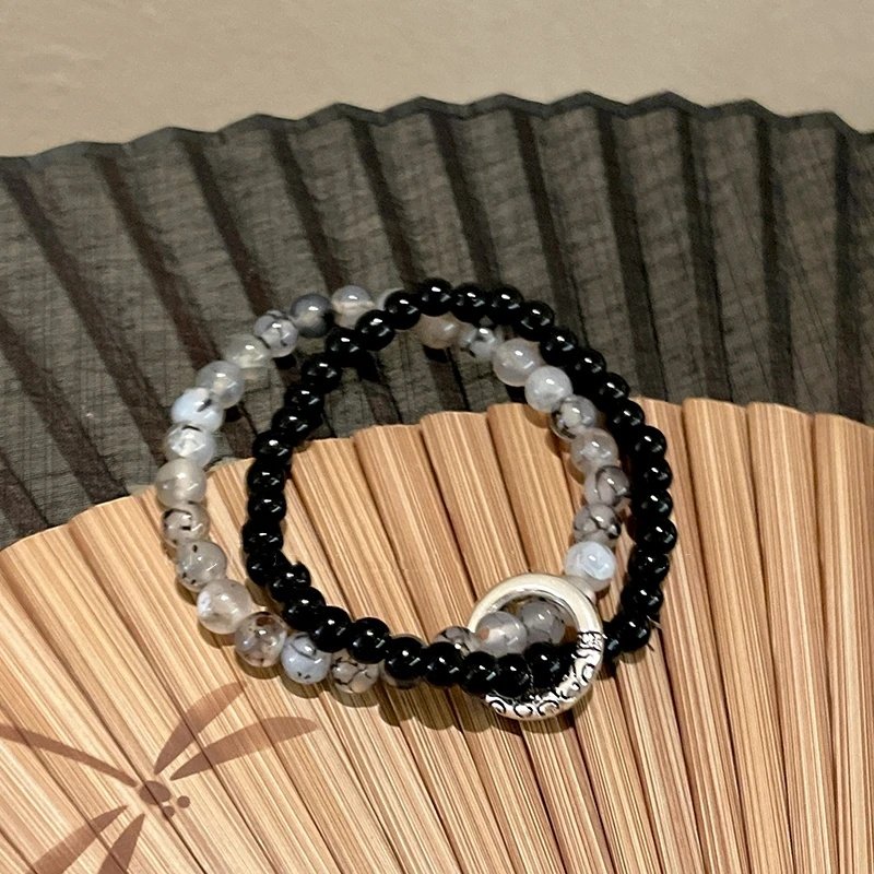 New Chinese-Style Black Double-Layered Ink Wash Peace Buckle Bracelet, Light Luxury Niche Design, Cool and Minimalist Style Couple's Jewelry