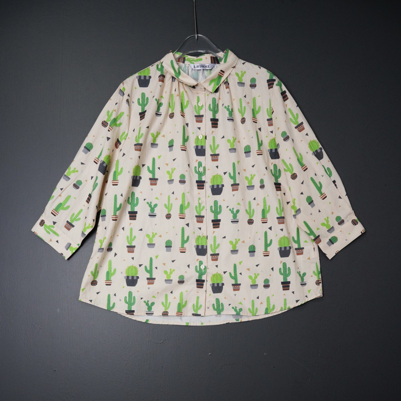 Japanese Original Single-Order Pure Cotton Cactus Print Blouse, Three-Quarter Sleeves, Turn-Down Collar, Thin Shirt, Chest Circumference 116, Length 64 Japanese Original Single-Order Pure Cotton Cactus Print Blouse, Three-Quarter Sleeves, Turn-Down Collar, Thin Shirt, Chest Circumference 116, Length 64