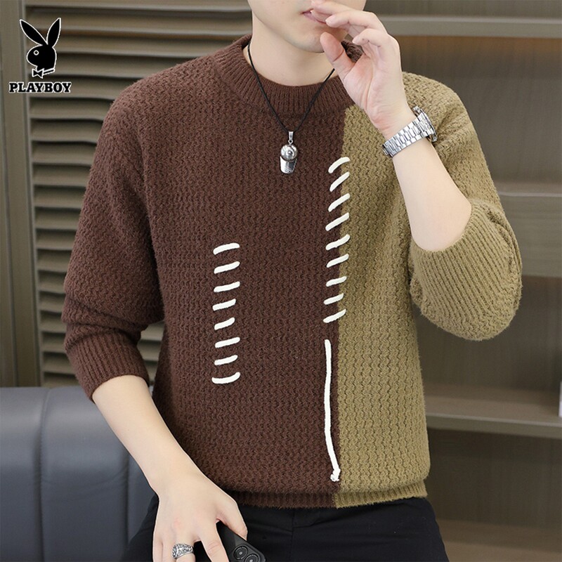 Playboy Crew Neck Sweater for Men, Autumn and Winter Trendy Fashion Patchwork Knit Base Shirt, Casual Warm Knitwear