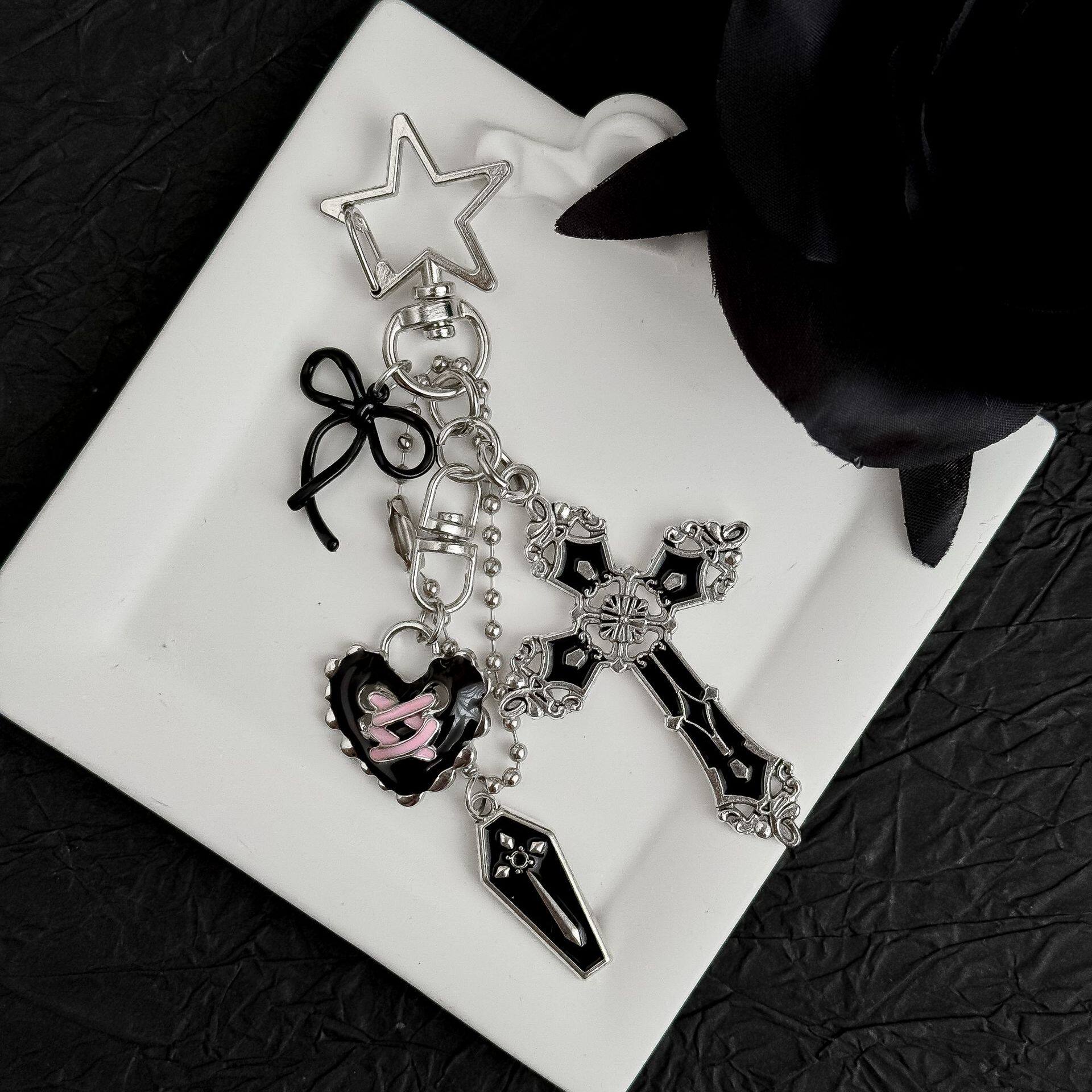 Gothic cross keychain, niche sexy dark-colored bow heart pendant, DIY bag charm accessory
