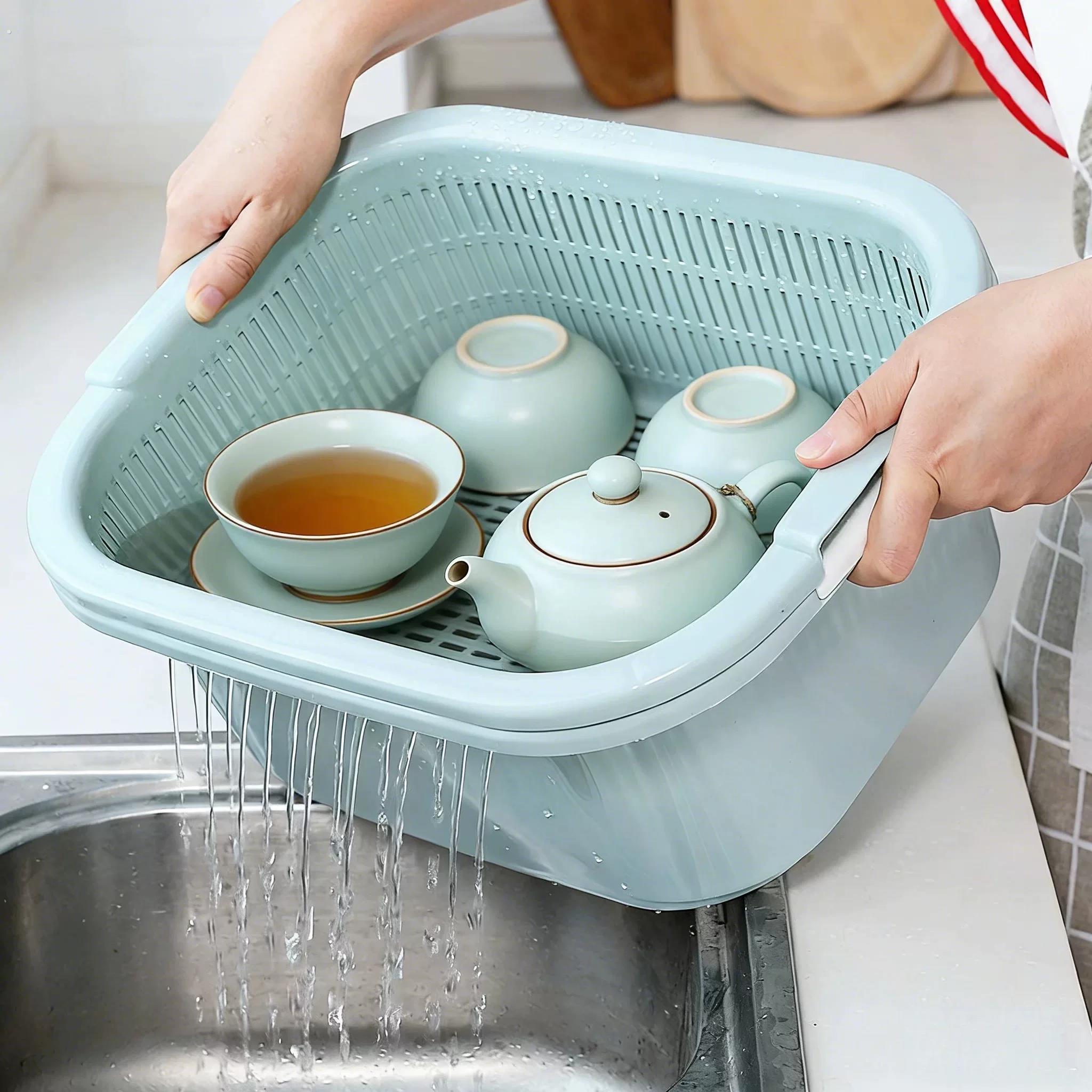 Special basin for tea washing set, double-layer dual-purpose drain and wash basin, plastic drain basket, Kung Fu tea cleaning basin, household